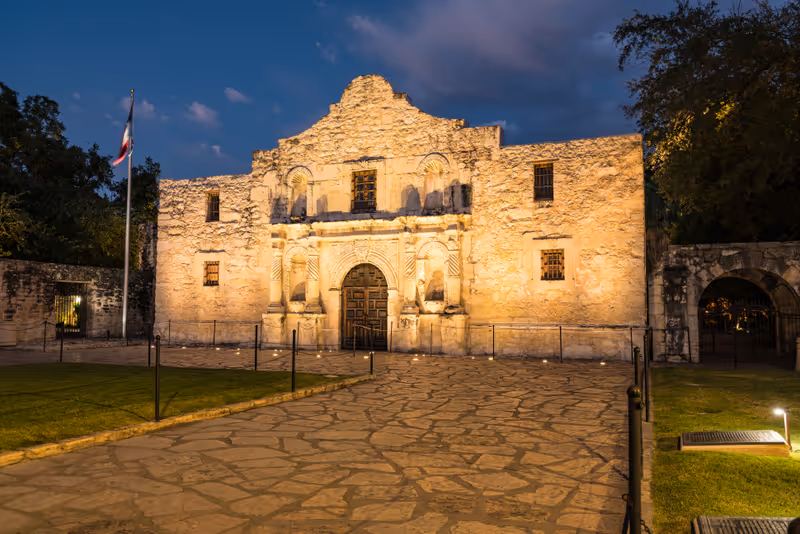 The historic Alamo Mission in San Antonio, Texas at night.