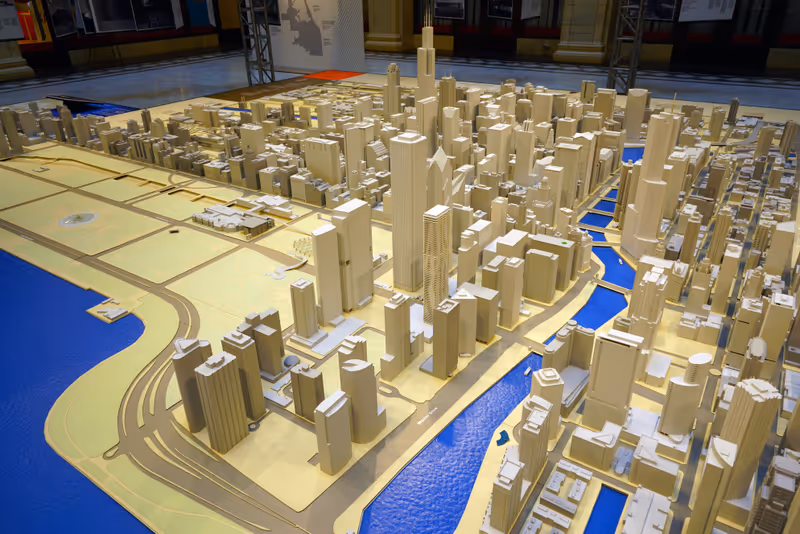 CHICAGO, IL -12 FEB 2018- View of a large scale model of the modern Chicago skyline on display at the Chicago Architecture Foundation (CAF) building on Michigan Avenue in Chicago, Illinois.