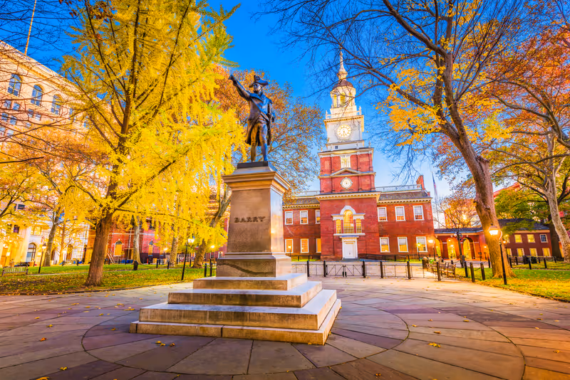 Philadelphia, Pennsylvania, USA at historic Independence Hall during autumn season.