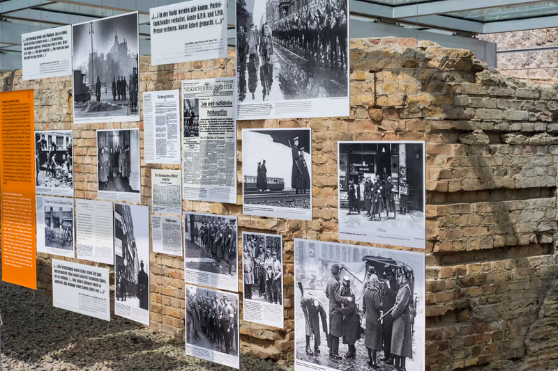 Berlin, Germany - may, 2018: Pictures from the second world war at the Topography of Terror (German: Topographie des Terrors) outdoor exhibition at the Berlin Wall