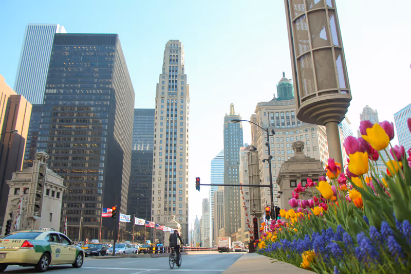May 14, 2013 - Chicago, Illinois: View along the Magnificent Mile in Chicago on a warm spring day.