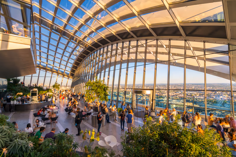 The Sky Garden at 20 Fenchurch Street is a unique public space designed by Rafael Vinoly Architects. It features a stylish restaurant; brasserie and cocktail bar - London,England, 5th August 2018