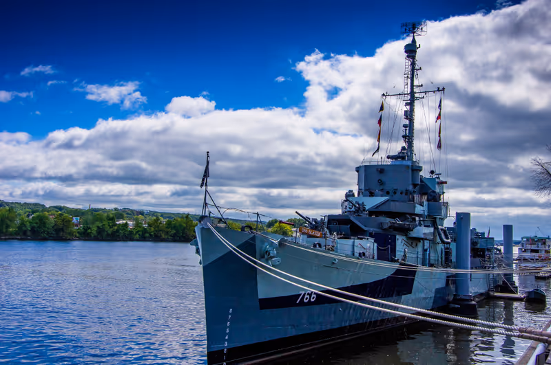 Albany, NY—Sept 14, 2018; Destroyer Escort USS Slater moored to pier in Hudson River where it serves as National Land Mark and World War Two maritime monument and museum in central New York.