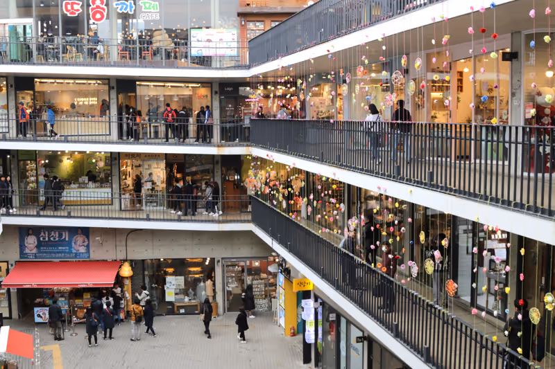 Seoul - April 2018 : Tourists and local people walking inside shopping mall of Insadong district in Seoul,South Korea.The shops in Insa-dong are popular among all age groups,because each one is unique