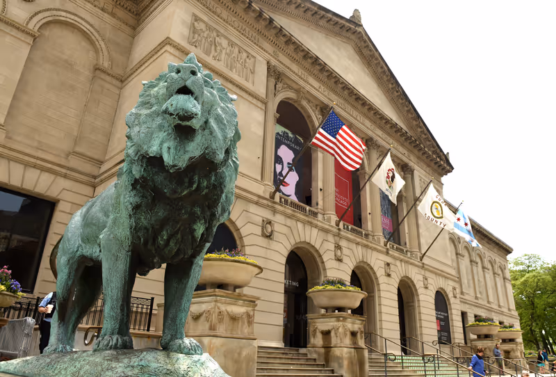 Chicago, USA - June 05, 2018: Lion sculpture front of the Art Institute of Chicago.