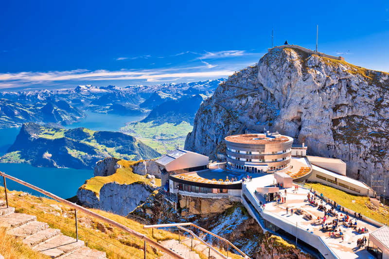 Pilatus mountain peak and Lucerne lake view, alpine peaks of Switzerland