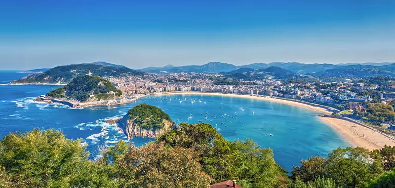 View of the bay of La Concha and the island of Santa Clara from Mount Igeldo. San Sebastian. Basque Country. Spain.