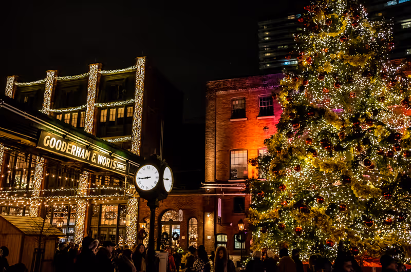 Toronto, Ontario / Canada - November 20 2018: Visitors explore the Distillery District during the 2018 Toronto Christmas Market