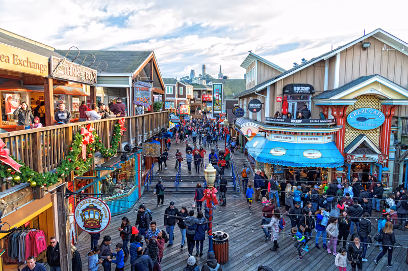 San Francisco California USA 2018 12 31 Fisherman's Wharf and Pier 39 area around Christmas and new year holiday