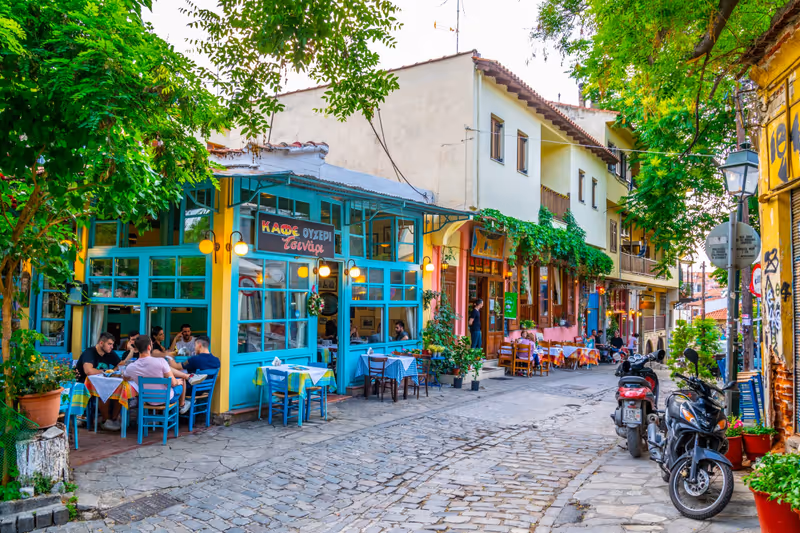 THESSALONIKI, GREECE, MAY 6, 2018: View of a narrow street in the old town of Thessaloniki, Greece