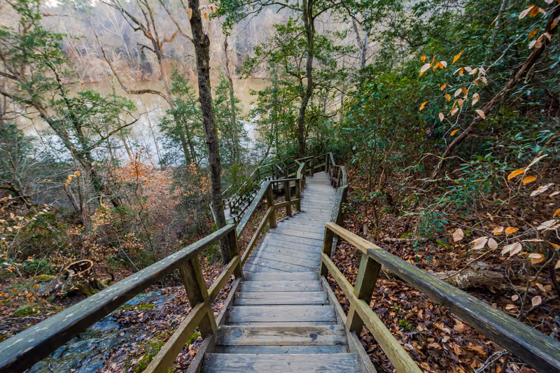 Trail path with wooden handrail in Raven Rock State Park, North Carolina, United States.
