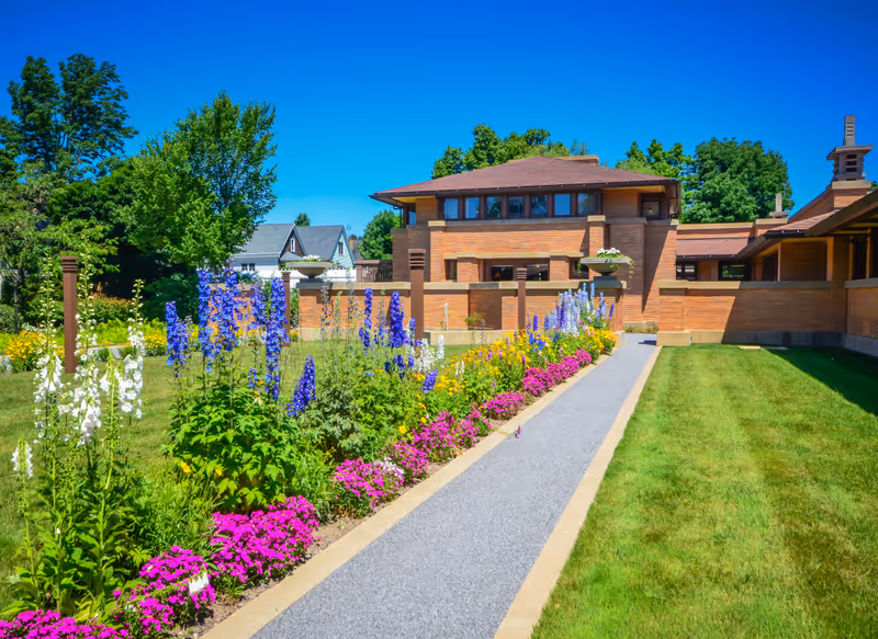 Buffalo, NY / USA -06-21-2014: The Darwin D. Martin House Complex, also known as the Darwin Martin House National Historic Landmark, was designed by Frank Lloyd Wright and built between 1903 and 1905.