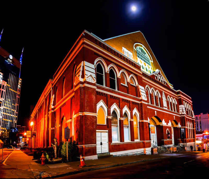 Nashville, TN--Feb 18, 2019; time exposure of full moon over the roof of the Ryman auditorium, former home of the Grand Ole Opry and birth place of bluegrass music at night