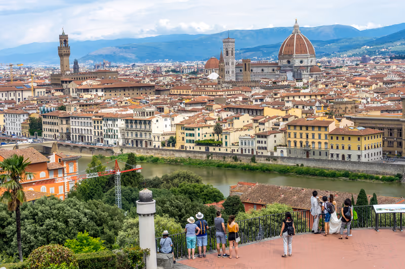Florence, Italy - 25 June 2018: Toursists at the Piazzale Michelangelo (Michelangelo Square) in Florence, Italy