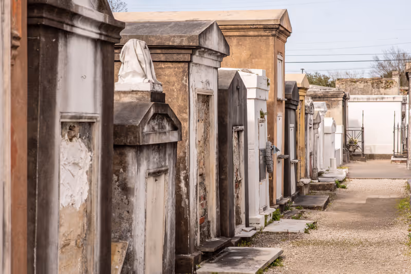 New Orleans, Louisiana / USA - February 14, 2019: Above-ground graves in the St. Louis Cemetery Number 1, a famous site where Marie Laveau, Voodoo Queen is buried.