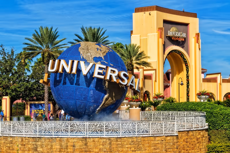 ORLANDO FL, USA - JANUARY 9, 2019: Universal Studios globe located at the entrance to the theme park. Universal Studios Orlando is a theme park resort in Orlando, Florida, USA