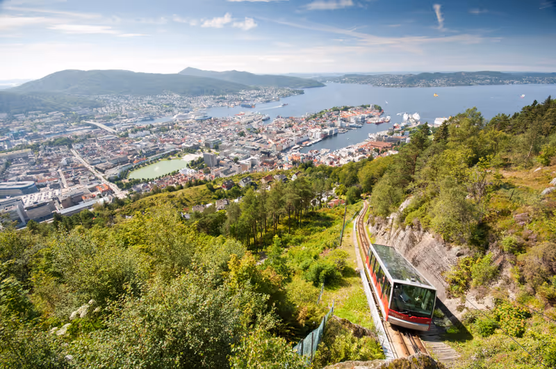Bergen, Norway - August 1, 2011: Town view from Fløyen with Fløibanen funicular