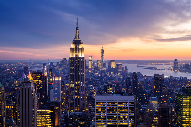New York City with skyscrapers at sunset