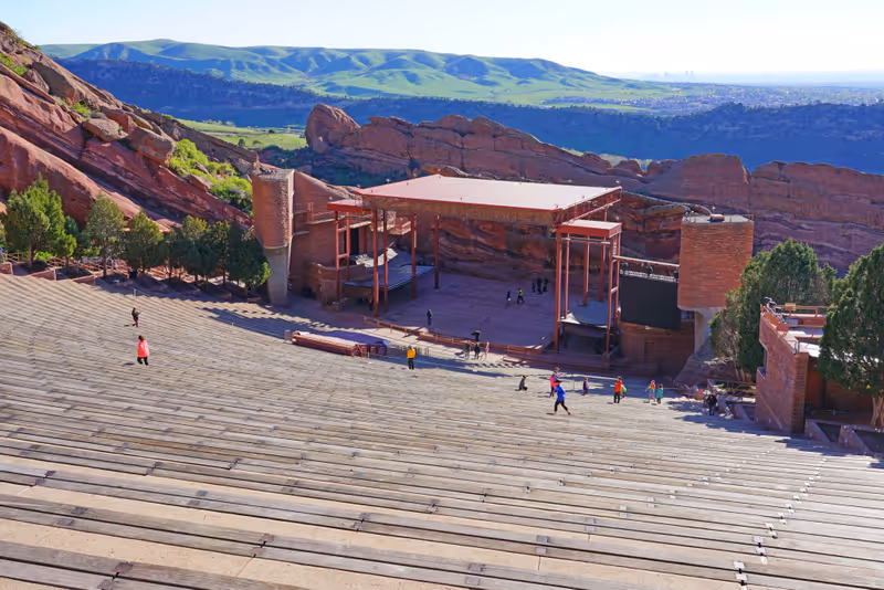 MORRISON, CO -11 MAY 2019- View of the Red Rocks Amphitheatre, an open-air amphitheater carved into the red rock located near Denver, Colorado.