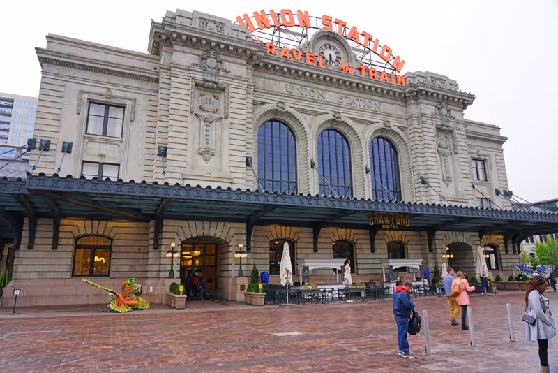 DENVER, CO -9 MAY 2019- View of the Union Station Denver, the main railway station in Denver, located on 17th and Wynkoop Street in downtown Denver, Colorado.