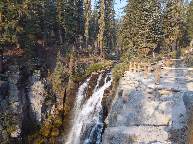 View of the top of Kings Creek Falls in Lassen National Park from trail look out point, in the early morning. Horizontal orientation.