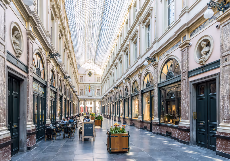 Brussels, Belgium - April 21, 2019: The King's gallery occupy the southern half of the Saint-Hubert Royal Galleries, an ensemble of glazed shopping arcades in the historic center, built in 1847.