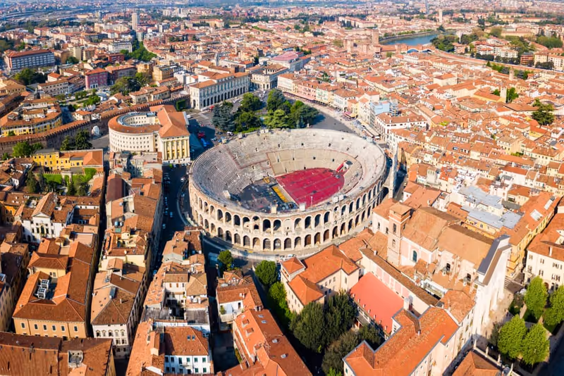 Verona Arena aerial panoramic view. Arena is a Roman amphitheatre in Piazza Bra square in Verona, Italy