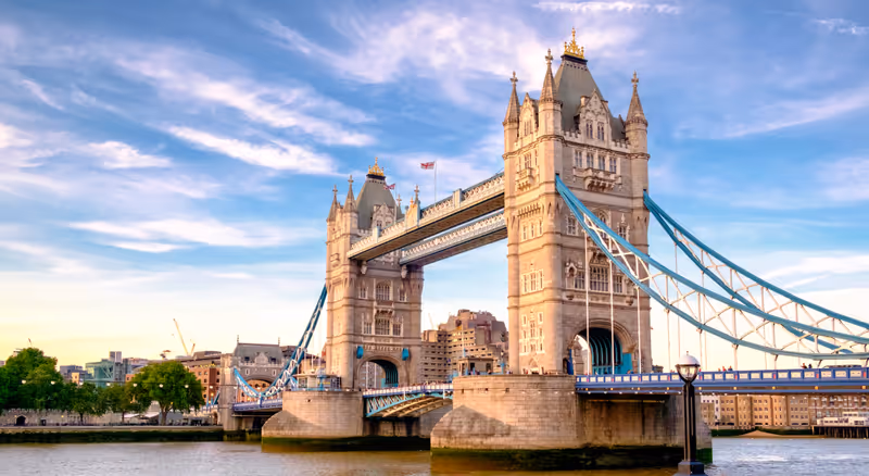 Iconic Tower Bridge connecting Londong with Southwark on the Thames River