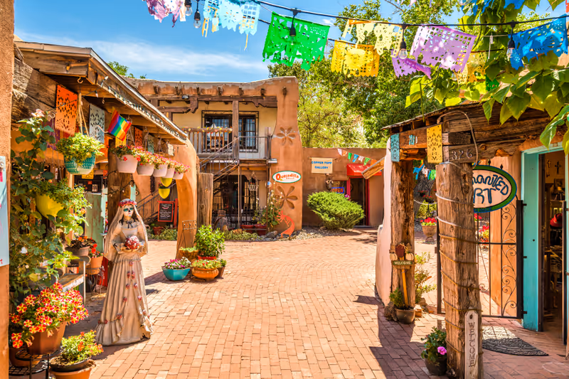 ALBUQUERQUE, NEW MEXICO - JUNE 29, 2019: Old Town shops and restaurants in historic Albuquerque.