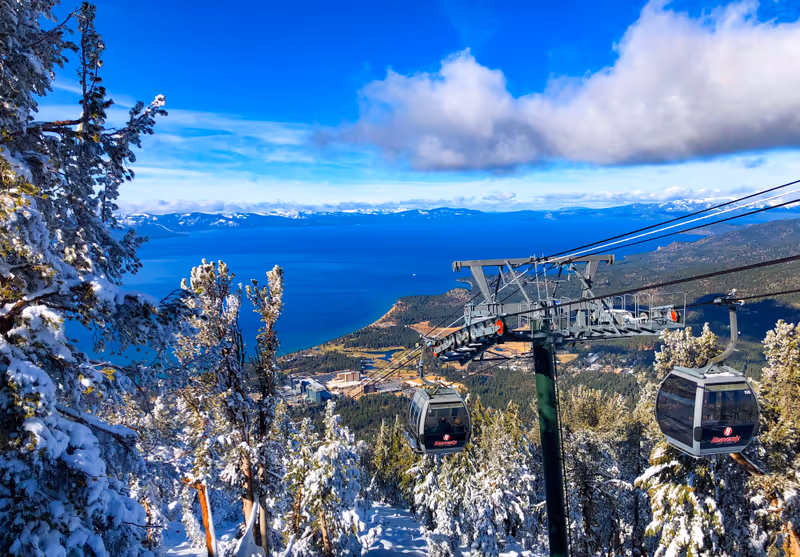 SOUTH LAKE TAHOE, NV - NOVEMBER 24, 2018: Heavenly ski resort Gondola from the top with the best scenic view of south lake tahoe