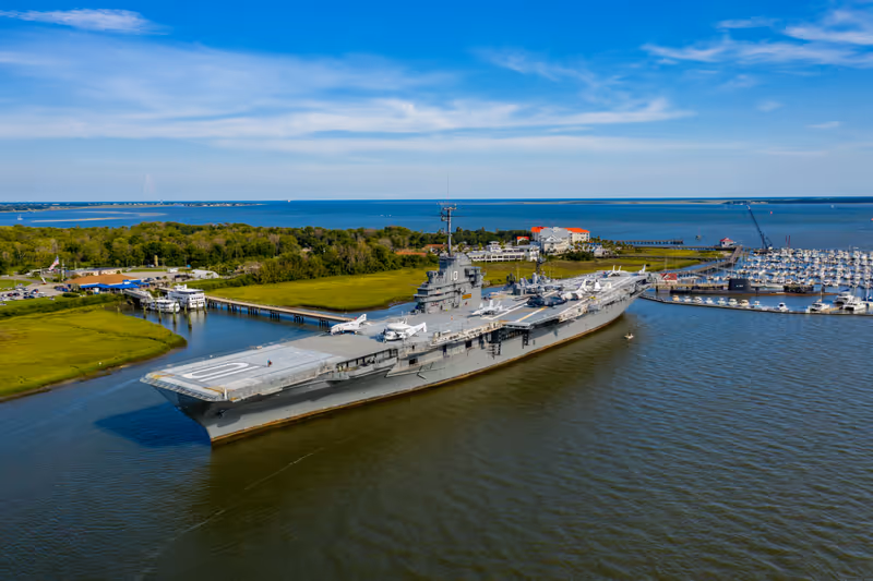 MT PLEASANT, SC, USA - AUGUST 5, 2019: Aerial photo USS Yorktown Mt Pleasant South Carolina USA