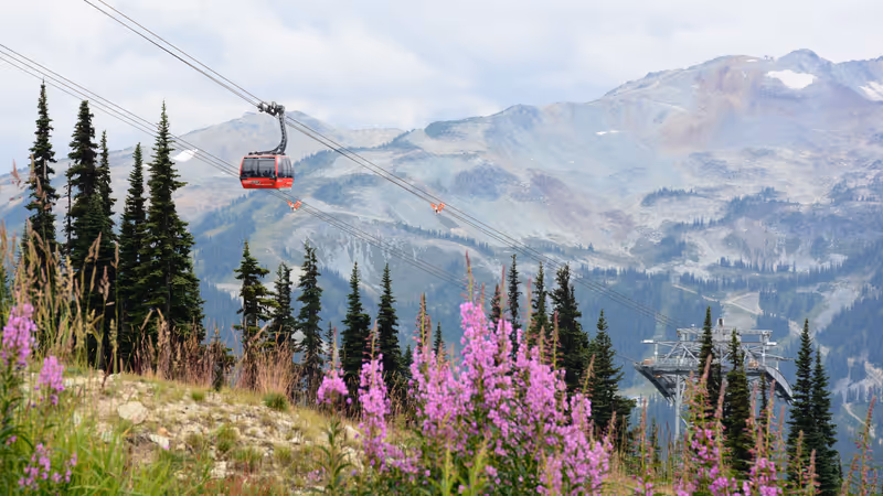 Whistler, BC / Canada - August 31, 2019: View of the PEAK 2 PEAK Gondola with Whistler Mountain as backdrop in summer. Photo taken on Blackcomb Mountain.