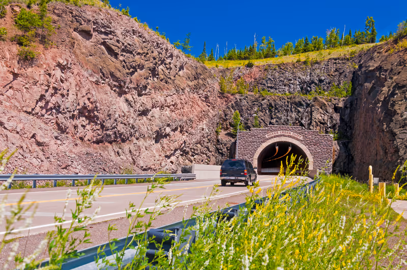 Silver Creek Cliff on Highway 61 on the Minnesota North Shore Scenic Drive.