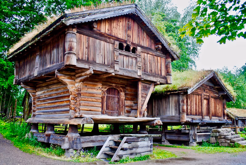Storehouse at Norsk Folkemuseum (Folk Museum) at Bygdøy in Oslo, Norway, an open-air museum with 160 historic buildings. The Setesdal farmstead is furnished to look as it did in the 1700s.