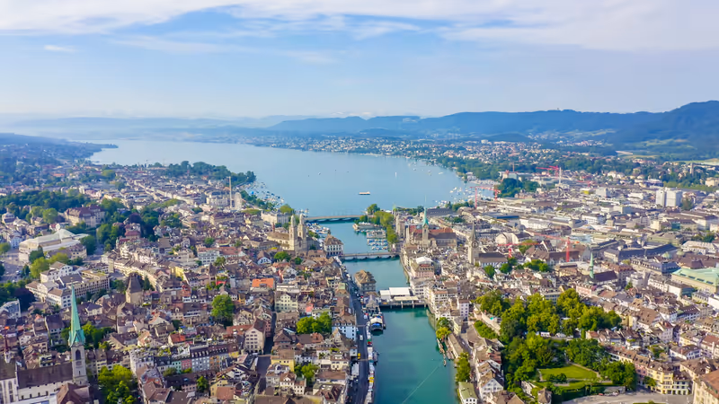 Zurich, Switzerland. Panorama of the city from the air. View of Zurich Lake. Limmat River Expiry Site, Aerial View