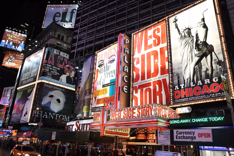 Manhattan, NY - November 7th 2010: Theater at Times Square at 7th Avenue showing advertisement billboards for Broadway shows in Manhattan, New York City.