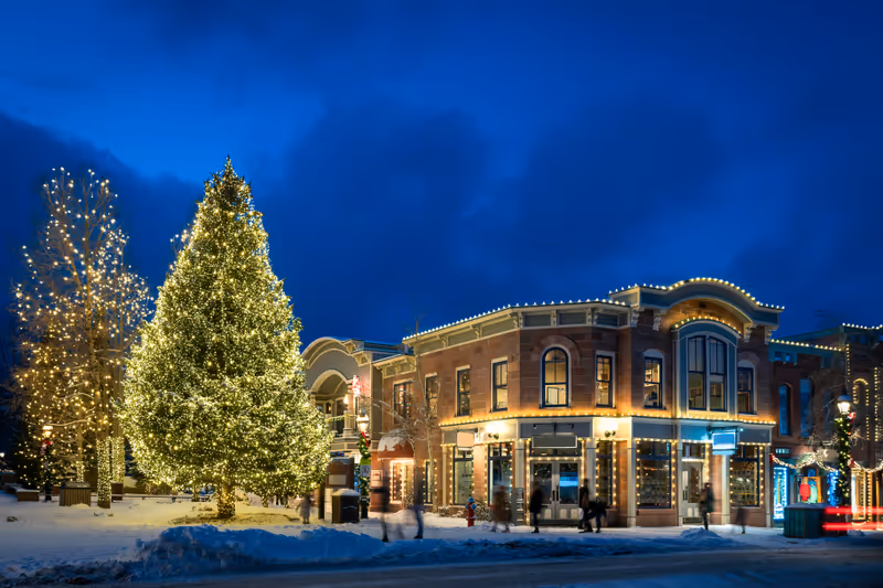 Breckenridge Colorado Main Street Night Time Holiday Lights at Blue Hour