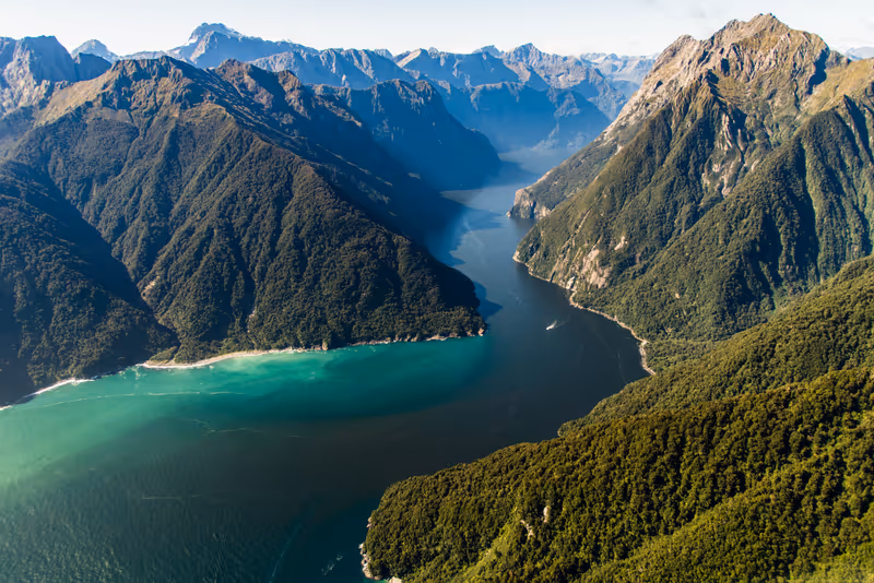 Aerial view of Milford Sound, in New Zealand, took on a touristic aircraft