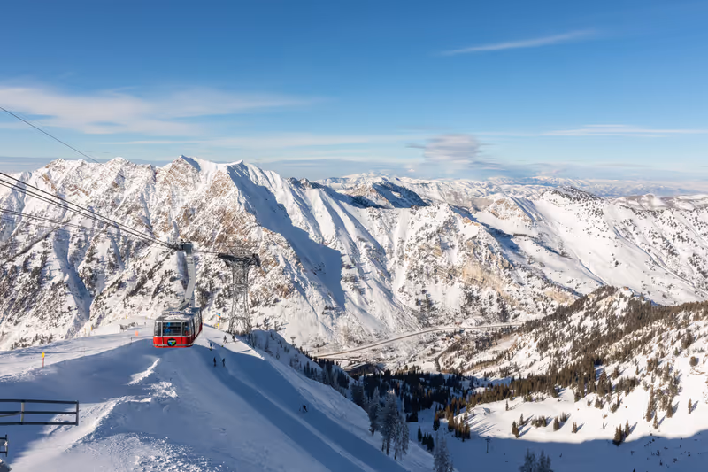 Snowbird, UT, USA - January 7, 2020: Aerial Tram viewed from the top of Hidden Peak at Snowbird Ski Resort in Little Cottonwood Canyon in the Wasatch Range near Salt Lake City, Utah, USA.