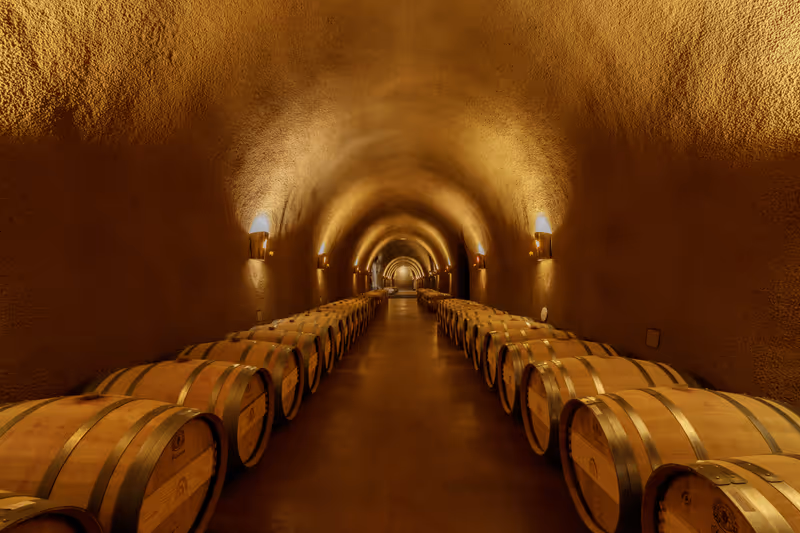 Napa, California - April 28, 2019: Underground Barrel Cave at Jarvis Estate.