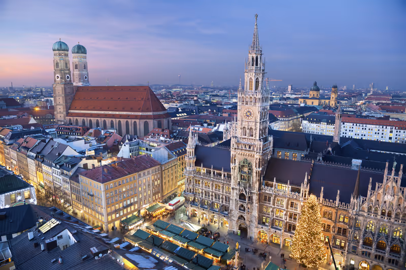 Munich, Germany. Aerial image of Munich, Germany with Christmas Market and Christmas decoration during sunset.