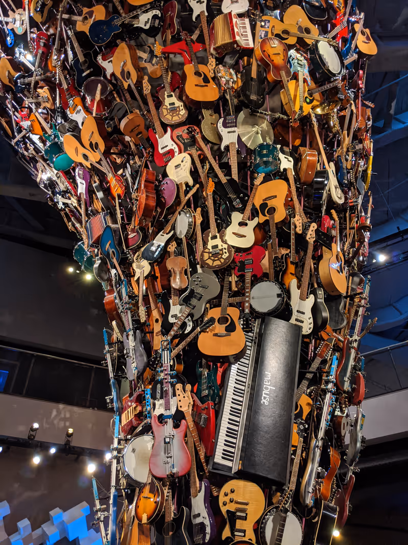 SEATTLE, WASHINGTON / USA - FEBRUARY 23, 2020: IF VI WAS IX, a guitar sculpture consisting of more than 500 musical instruments and 30 computers in The Museum of Pop Culture, Seattle