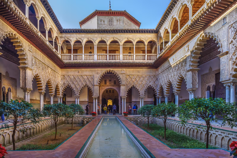 SEVILLE,SPAIN-JANUARY,12,2020:Royal Alcázars of Seville or Alcázar of Seville.The courtyard of the Maidens or Patio de las Docellas