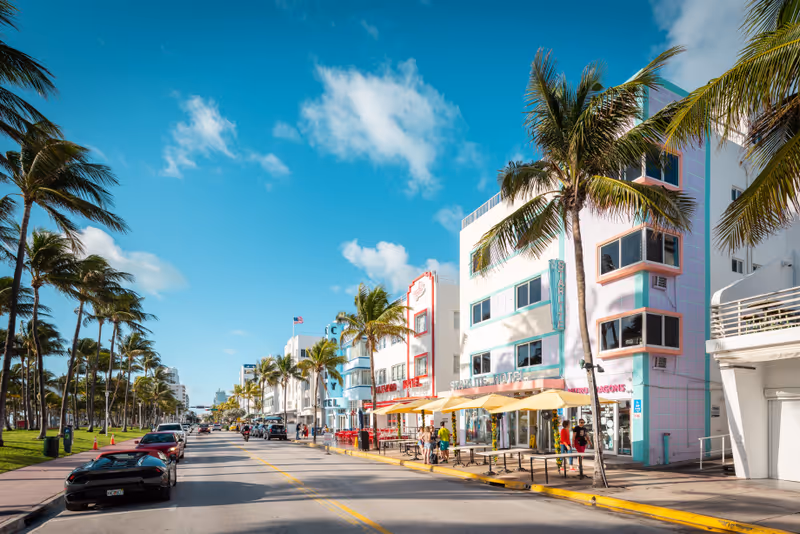 Miami Beach, Ocean Drive FL, USA - March 2, 2020: One of the most famous streets on east coast of USA. Morning vibes at Ocean Drive. Beautiful Art Deco Historic District.