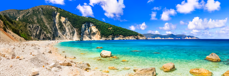 Best beaches of Kefalonia (Cephalonia) island - Mirtos (Myrtos) with turquoise sea. Greece