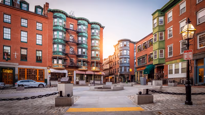 BOSTON, MA, USA - APRIL 20, 2020: The historic architecture of Boston in Massachusetts, USA at Little Italy neighborhood.