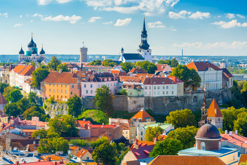 Tallinn, Estonia historic skyline towards Toompea Hill.