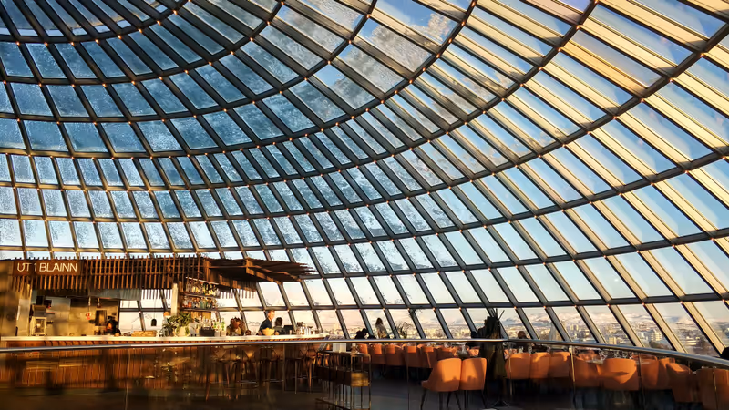 The large glass facade of a spherical museum Perlan in Reykjavik. Attraction number 1 in Reykjavik. Iceland - 01.17.2018
