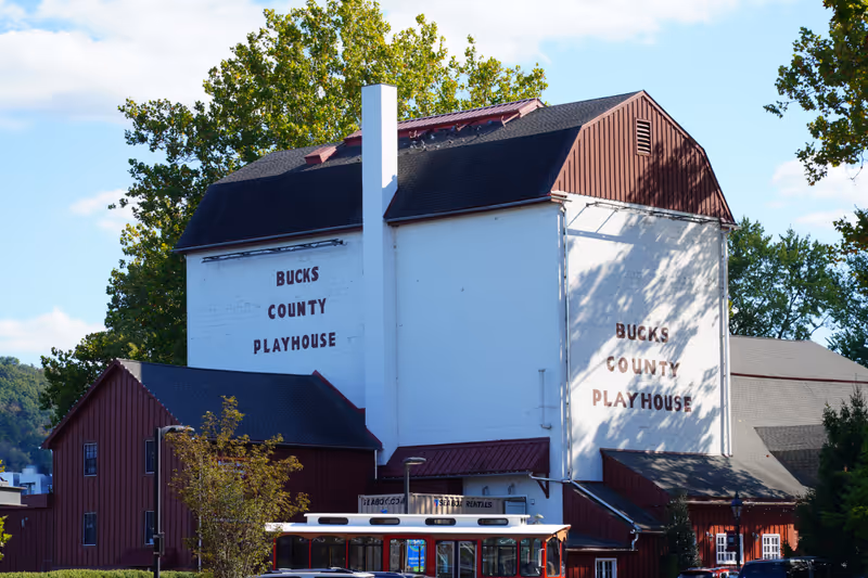 NEW HOPE, PA -3 OCT 2020- View of the famous Bucks County Playhouse theater in New Hope, Pennsylvania, across the Delaware River from Lambertville, NJ.
