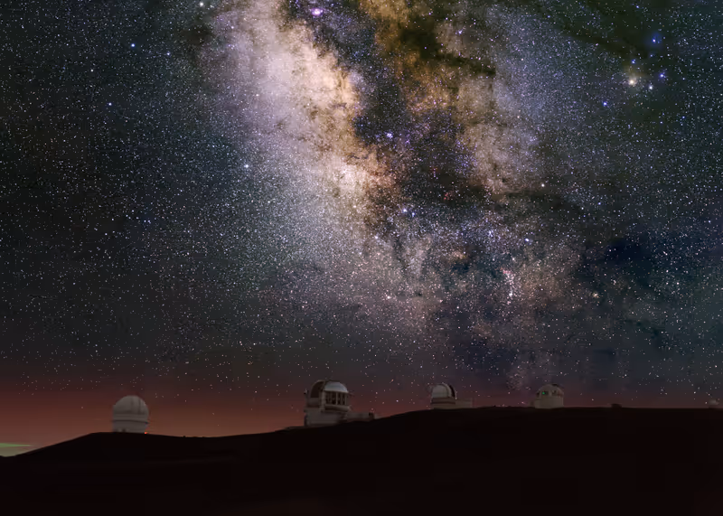 Milky Way over telescope domes on Mauna Kea, HAwaii.